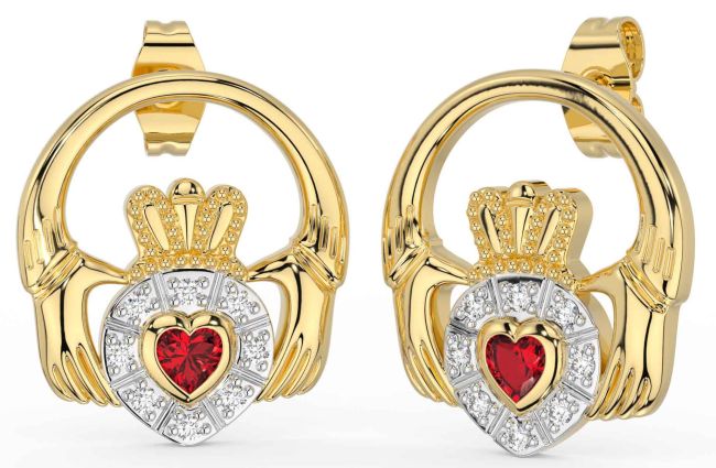 Diamond Ruby Gold Silver Claddagh Dangle Earrings