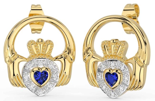 Diamond Sapphire Gold Silver Claddagh Dangle Earrings