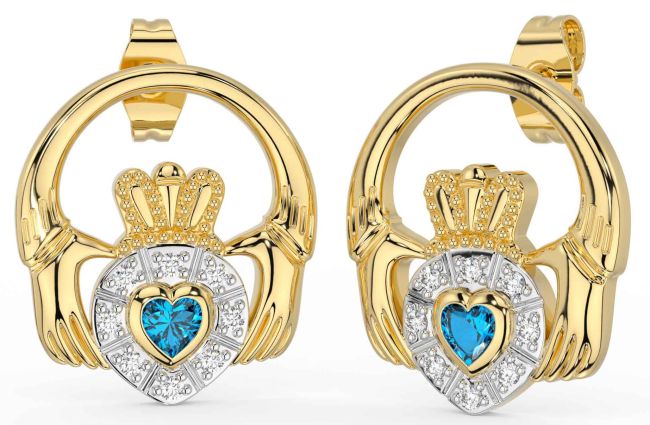 Diamond Topaz Gold Silver Claddagh Dangle Earrings