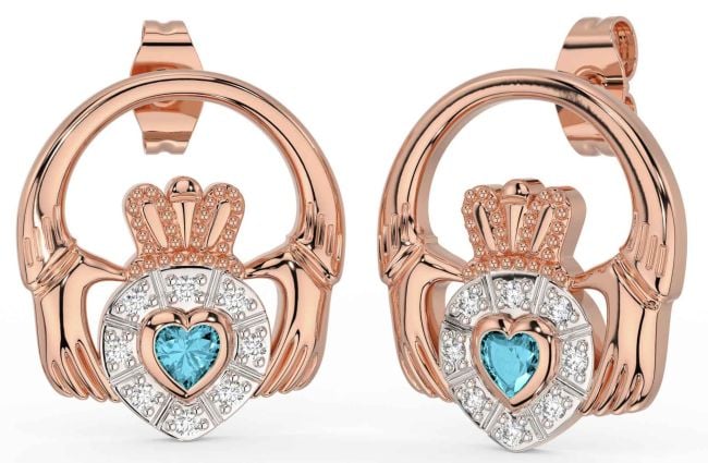 Diamond Aquamarine Rose Gold Claddagh Dangle Earrings