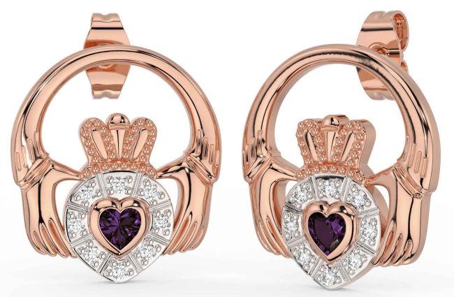 Diamond Alexandrite Rose Gold Claddagh Dangle Earrings