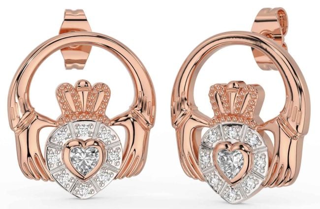 Diamond Rose Gold Claddagh Dangle Earrings