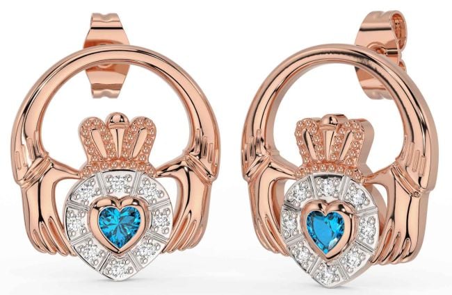 Diamond Topaz Rose Gold Claddagh Dangle Earrings