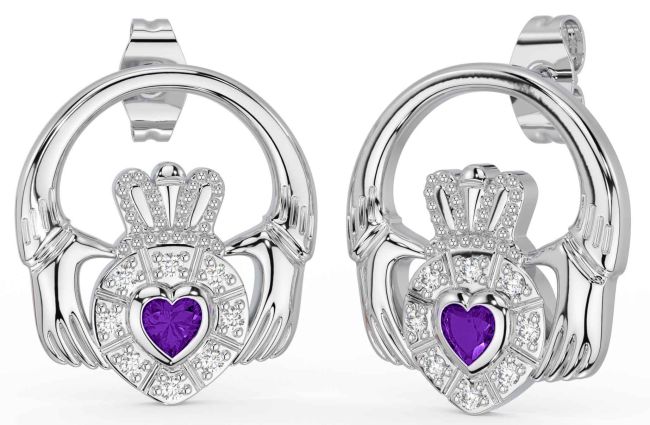 Diamond Amethyst Silver Claddagh Dangle Earrings