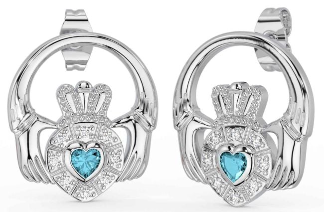 Diamond Aquamarine Silver Claddagh Dangle Earrings