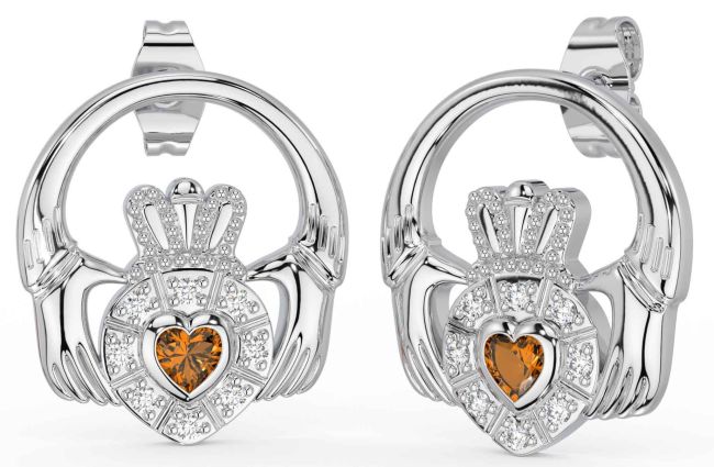 Diamond Citrine Silver Claddagh Dangle Earrings