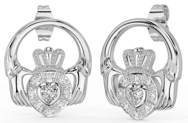 Diamond Silver Claddagh Dangle Earrings