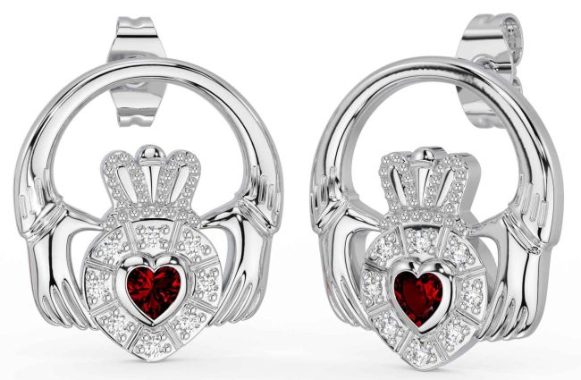 Diamond Garnet Silver Claddagh Dangle Earrings