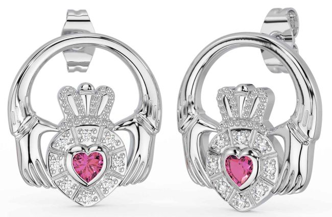 Diamond Pink Tourmaline Silver Claddagh Dangle Earrings