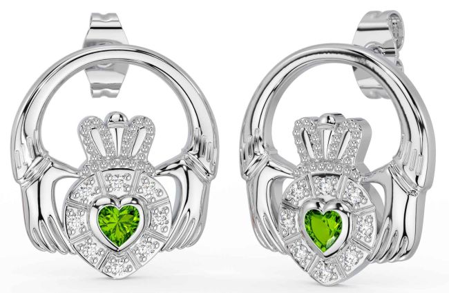 Diamond Peridot Silver Claddagh Dangle Earrings