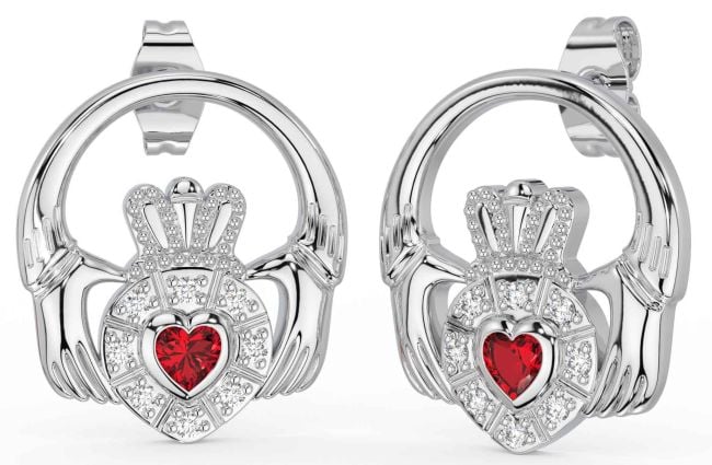 Diamond Ruby Silver Claddagh Dangle Earrings