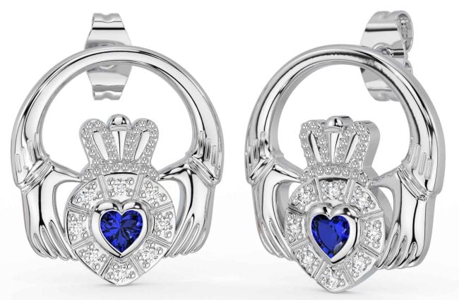 Diamond Sapphire Silver Claddagh Dangle Earrings