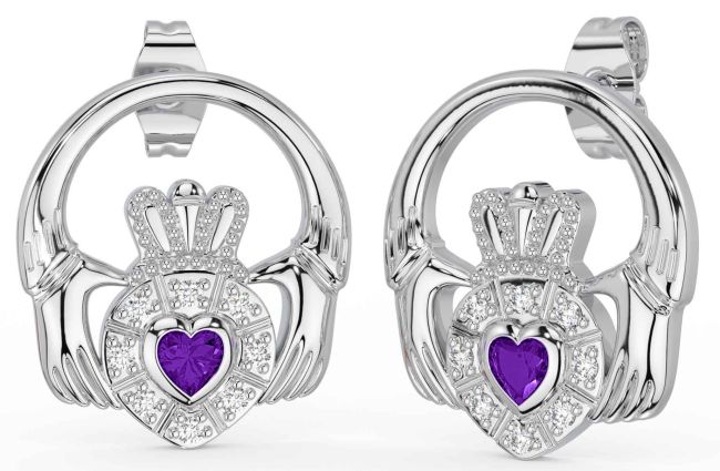 Diamond Amethyst White Gold Claddagh Dangle Earrings