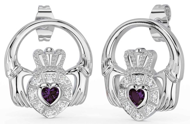 Diamond Alexandrite White Gold Claddagh Dangle Earrings
