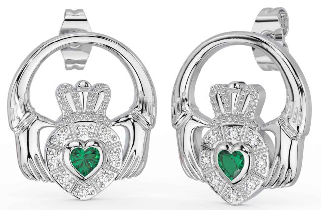 Diamond Emerald White Gold Claddagh Dangle Earrings