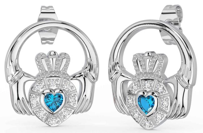 Diamond Topaz White Gold Claddagh Dangle Earrings