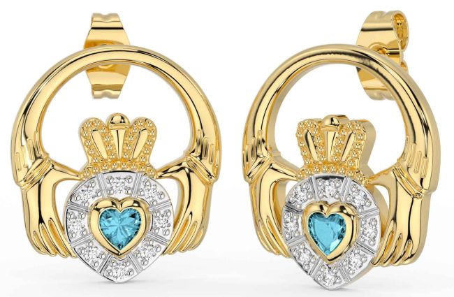 Diamond Aquamarine Gold Claddagh Dangle Earrings