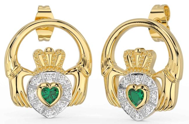 Diamond Emerald Gold Claddagh Dangle Earrings