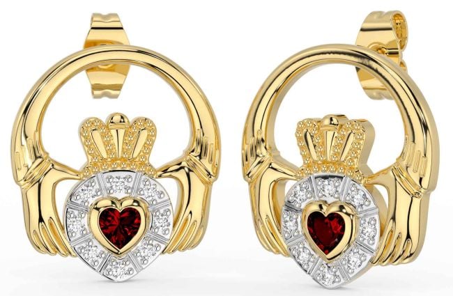 Diamond Garnet Gold Claddagh Dangle Earrings