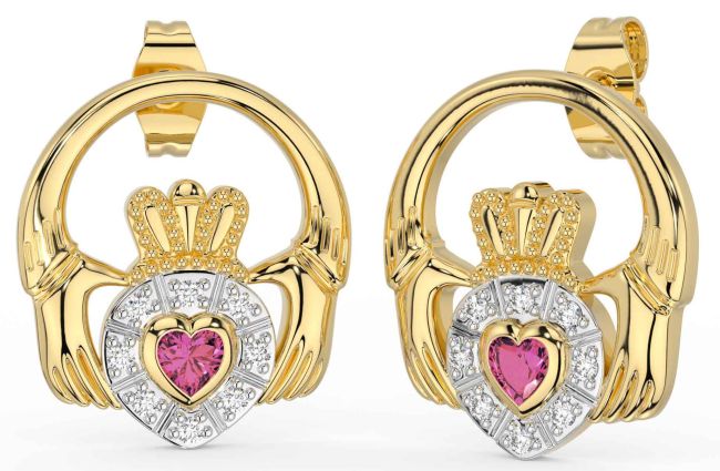 Diamond Pink Tourmaline Gold Claddagh Dangle Earrings