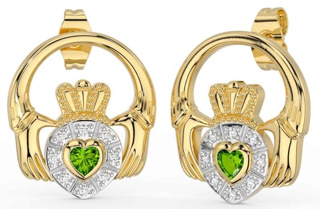 Diamond Peridot Gold Claddagh Dangle Earrings