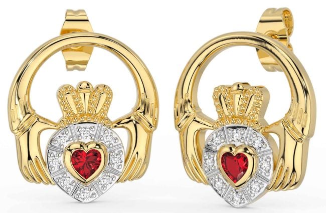 Diamond Ruby Gold Claddagh Dangle Earrings