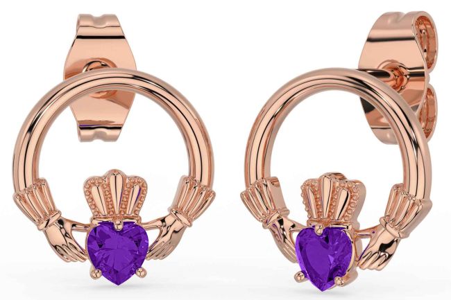 Amethyst Rose Gold Silver Claddagh Stud Earrings
