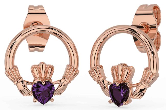 Alexandrite Rose Gold Silver Claddagh Stud Earrings