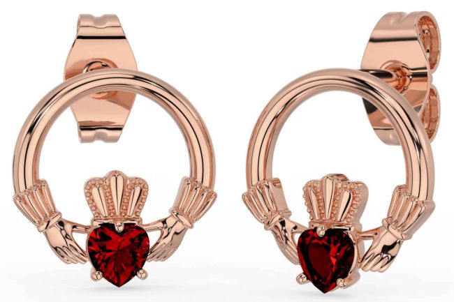 Garnet Rose Gold Silver Claddagh Stud Earrings