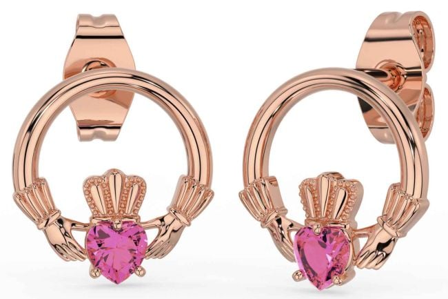 Pink Tourmaline Rose Gold Silver Claddagh Stud Earrings