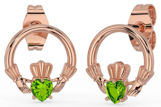 Peridot Rose Gold Silver Claddagh Stud Earrings