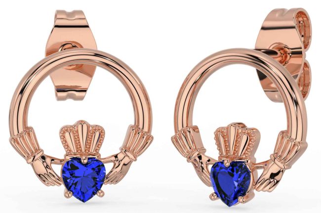 Sapphire Rose Gold Silver Claddagh Stud Earrings