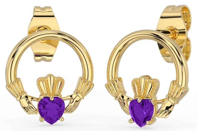 Amethyst Gold Silver Claddagh Stud Earrings