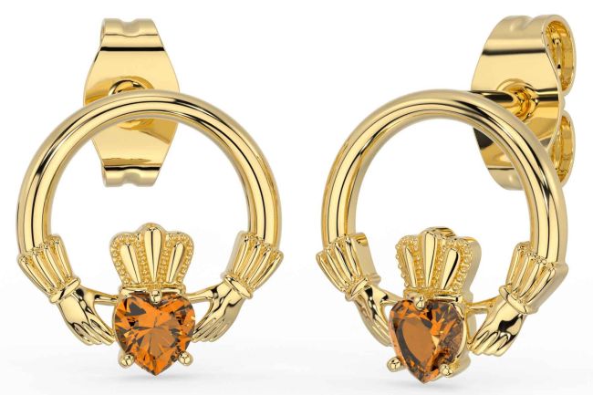 Citrine Gold Silver Claddagh Stud Earrings