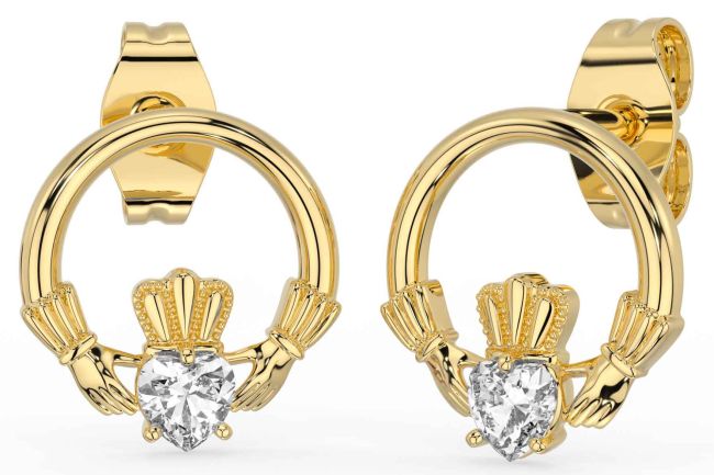 Diamond Gold Silver Claddagh Stud Earrings