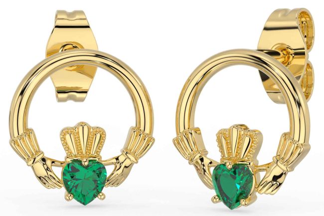 Emerald Gold Silver Claddagh Stud Earrings