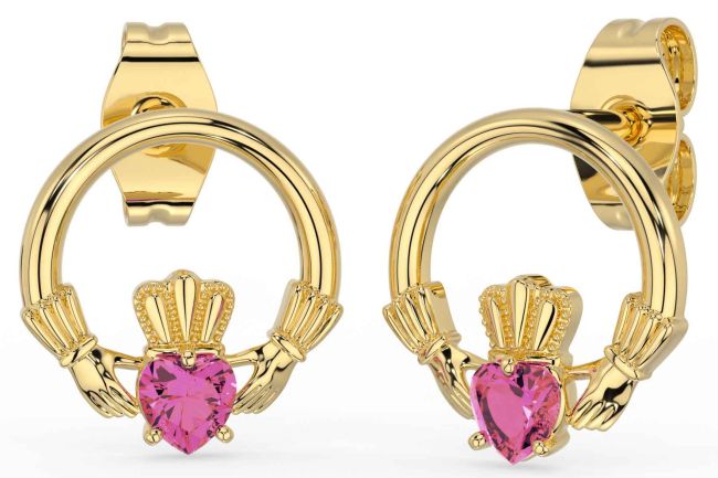 Pink Tourmaline Gold Silver Claddagh Stud Earrings