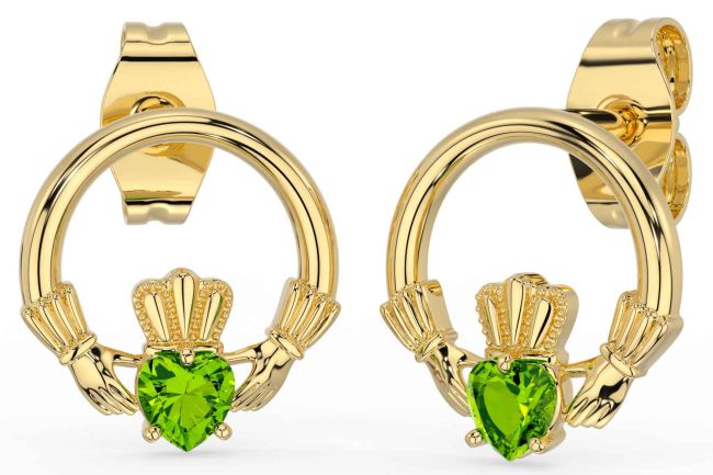 Peridot Gold Silver Claddagh Stud Earrings