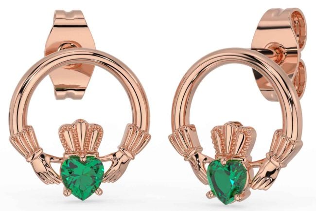 Emerald Rose Gold Claddagh Stud Earrings