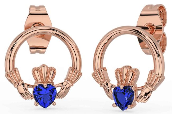 Sapphire Rose Gold Claddagh Stud Earrings