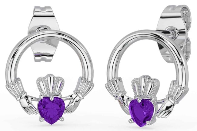 Amethyst Silver Claddagh Stud Earrings