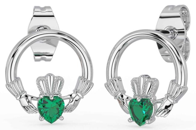 Emerald Silver Claddagh Stud Earrings