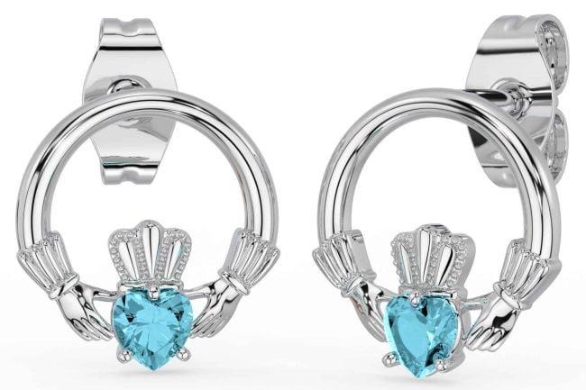 Aquamarine White Gold Claddagh Stud Earrings