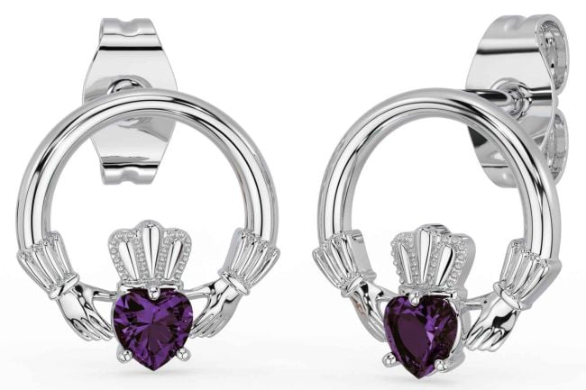 Alexandrite White Gold Claddagh Stud Earrings