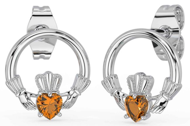 Citrine White Gold Claddagh Stud Earrings