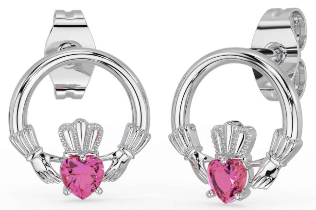 Pink Tourmaline White Gold Claddagh Stud Earrings