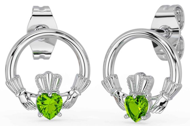 Peridot White Gold Claddagh Stud Earrings