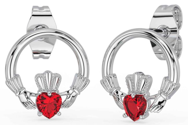 Ruby White Gold Claddagh Stud Earrings