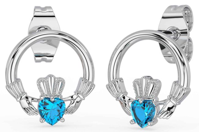 Topaz White Gold Claddagh Stud Earrings