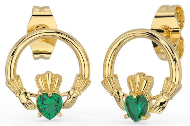 Emerald Gold Claddagh Stud Earrings